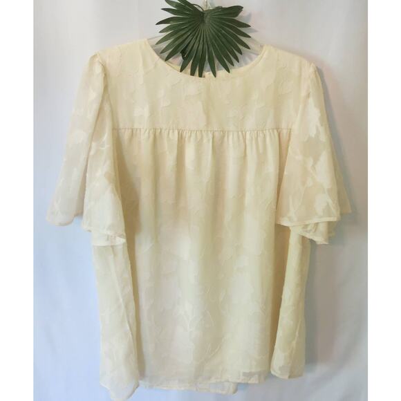 FLORAL OVERLAY Top Flutter Sleeves Size L Women Short Sleeve Lined Cream Boho - Picture 1 of 11